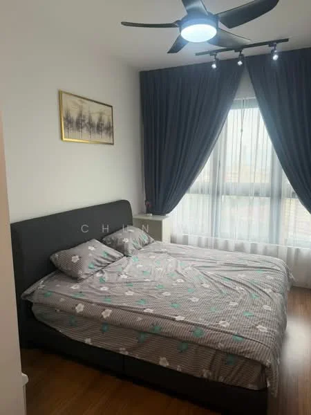Bedroom features: king-size bed, upholstered headboard, grey bedding with floral pattern, floor-to-ceiling windows, sheer curtains, dark blue curtains, 5-blade ceiling fan with light, wooden flooring, framed artwork on wall, decorative wall light; style: modern.