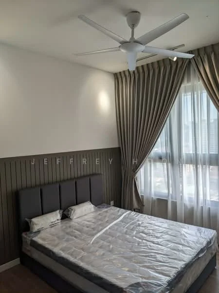 Bedroom features: queen-size bed, upholstered headboard, 5-blade ceiling fan, floor-to-ceiling windows, sheer curtains, dark wood accent wall, light grey walls, laminate flooring; style: modern; view: city.