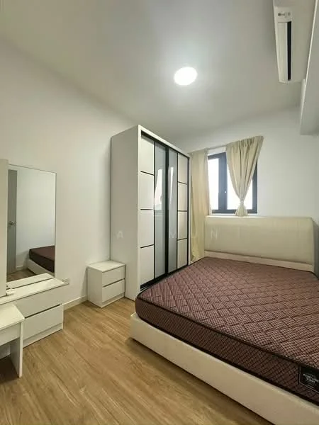 Bedroom features: queen-size bed, upholstered headboard, built-in wardrobe with sliding doors, nightstand with drawer, full-length mirror, window with sheer curtains, wooden flooring, wall-mounted split AC, recessed ceiling light; style: modern.