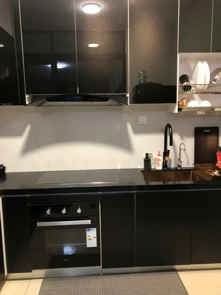 Kitchen features: black glossy cabinetry, black granite countertop, single-bowl stainless-steel sink, chrome pull-down faucet, built-in oven, 4-burner gas hob, stainless-steel range hood, white tiled backsplash, under-cabinet lighting, open shelving, kitchen utensils visible; style: modern.