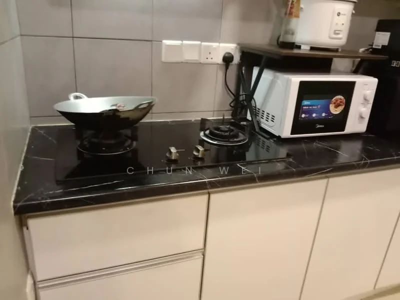 Kitchen features: black marble countertop, white cabinetry, built-in gas stove with two burners, wok, microwave, grey tiled backsplash, wall-mounted electrical outlets; style: modern.