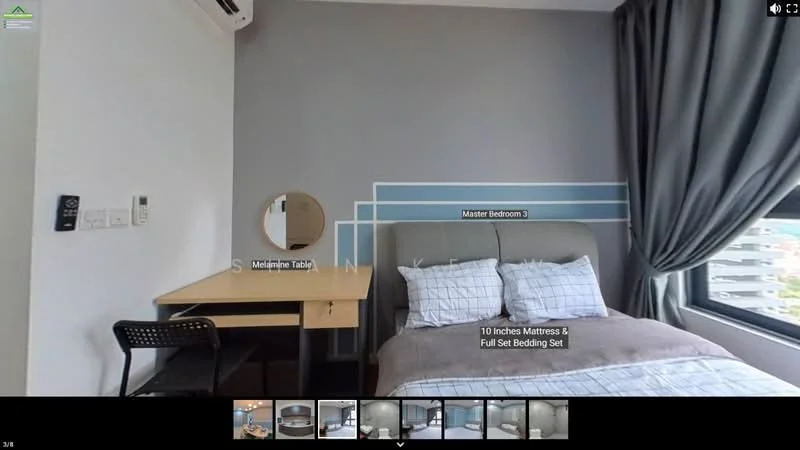 Bedroom features: grey painted walls, wooden flooring, queen-size bed with upholstered headboard, 10-inch mattress, full set bedding set, study desk with wooden surface, black metal chair, round mirror, floor-to-ceiling window with city view, curtains, air conditioning unit; style: modern; view: city.