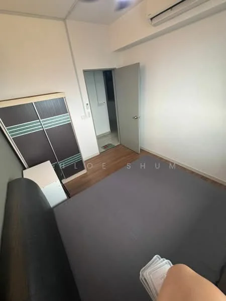 Bedroom features: wooden flooring, white painted walls, ceiling fan, wall-mounted split AC, queen-size bed, built-in wardrobe, door leading to hallway.