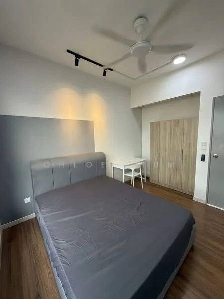 Bedroom features: queen-size bed with grey bedding, wooden flooring, white painted walls, ceiling fan, recessed downlights, built-in wardrobe with wooden doors, study desk with chair, wall-mounted light fixture; style: modern.