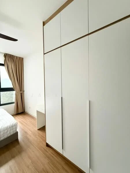 Bedroom features: queen-size bed with white bedding, built-in wardrobe with white finish, wooden flooring, floor-to-ceiling window, curtains in beige, ceiling fan, study desk, decorative wall, neutral wall color; style: modern; view: garden.