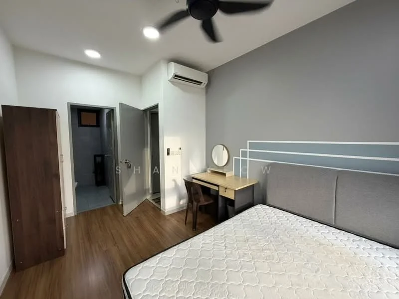 Bedroom features: queen-size bed, upholstered headboard, wooden flooring, desk with chair, wall-mounted mirror, built-in wardrobe, 1 wall-mounted split AC, ceiling fan, grey accent wall, white painted walls, recessed downlights; style: modern.
