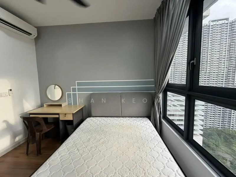 Bedroom features: queen-size bed, grey upholstered headboard, wooden flooring, floor-to-ceiling windows, blackout curtains, study desk with chair, round mirror, 1 wall-mounted split AC, decorative wall design, light grey accent wall; style: modern; view: city.