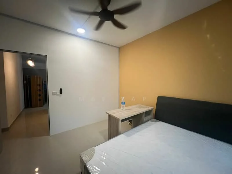 Bedroom features: king-size bed, upholstered headboard, wooden bedside table, ceiling fan, white painted walls, accent wall in mustard yellow, glossy tile flooring, built-in wardrobe visible in hallway; style: modern.