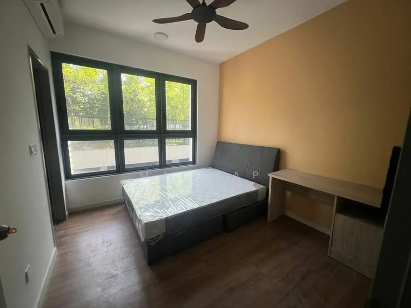 Bedroom features: queen-size bed, upholstered headboard, wooden flooring, large floor-to-ceiling windows, black window frames, orange accent wall, white painted walls, study desk, ceiling fan; style: modern; view: garden.