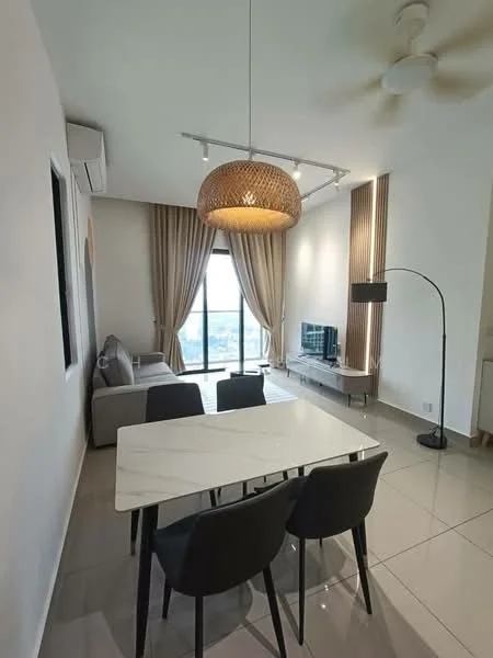 Living features: 3-seater fabric sofa in grey, coffee table with marble top, TV console, wall-mounted TV, floor-to-ceiling windows, sheer curtains, recessed downlights, ceiling fan, decorative floor lamp, area rug, light wood flooring, wall art, dining table with 4 black chairs; style: modern; view: city.