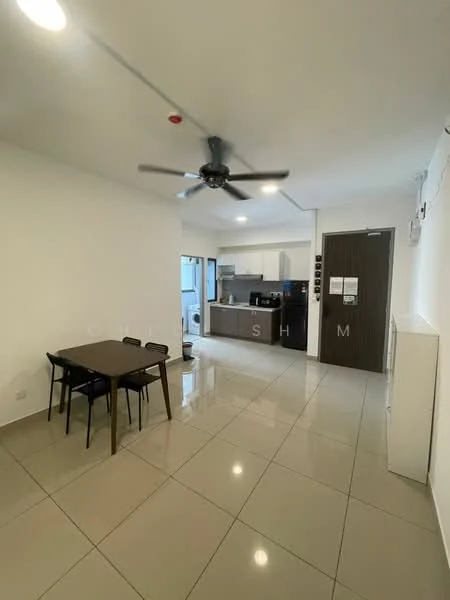 Living features: white painted walls, glossy ceramic tile flooring, 5-blade ceiling fan with light, dining table with 4 chairs, open kitchen layout, kitchen cabinetry, stainless-steel sink, refrigerator, built-in oven, countertop, window with view to outside; style: modern.