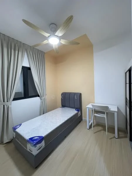 Bedroom features: single bed with grey upholstered frame, mattress on bed, white walls, accent wall in light orange, floor-to-ceiling window, sheer curtains, wooden flooring, ceiling fan with light, study desk with white finish, black wardrobe; style: modern.