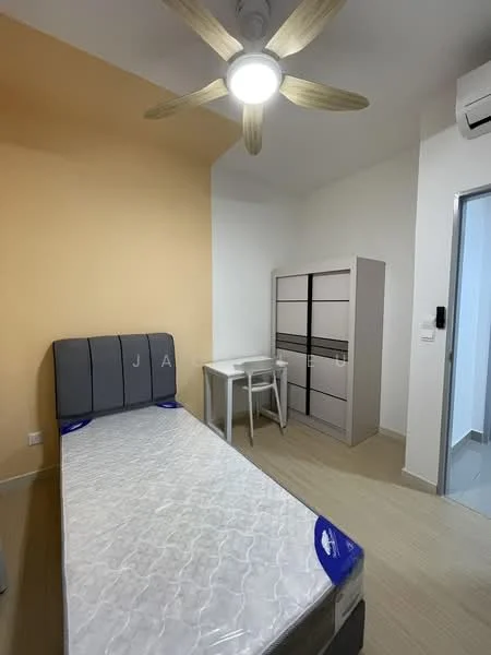 Bedroom features: single bed, upholstered headboard, 5-blade ceiling fan with light, built-in wardrobe with sliding doors, study desk, white walls, light wood flooring, air conditioning unit; style: modern.