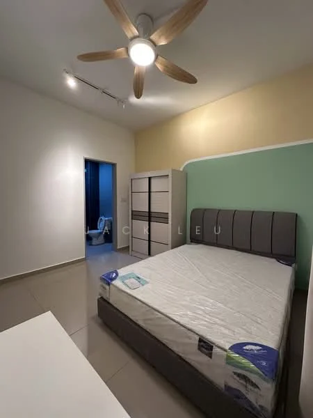 Bedroom features: queen-size bed, upholstered headboard, ceiling fan with light, built-in wardrobe with sliding doors, light-colored walls, grey accent wall, tile flooring, natural light from window, decorative wall, doorway leading to bathroom; style: modern.