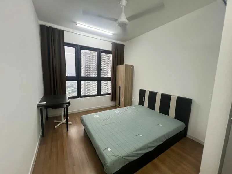 Bedroom features: queen-size bed, upholstered headboard, wooden flooring, floor-to-ceiling windows, brown curtains, study desk, wooden wardrobe, ceiling fan; style: modern; view: city.