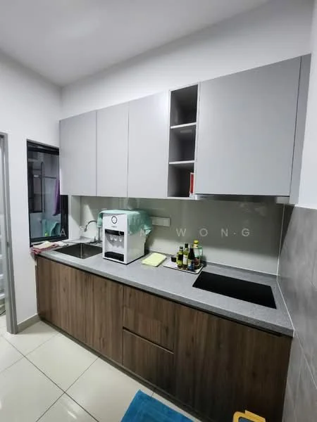 Kitchen features: grey upper cabinets, wood lower cabinets, granite countertop, double-bowl stainless-steel sink, chrome pull-down faucet, built-in coffee machine, wall-mounted storage, tile backsplash, ceramic tile flooring, recessed downlights; style: modern.