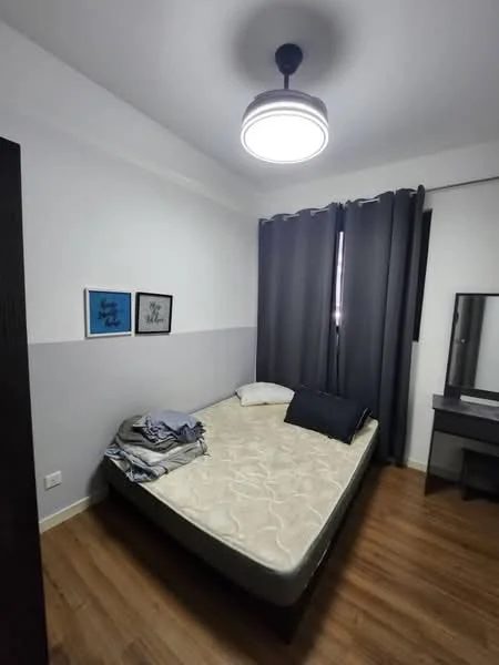 Bedroom features: queen-size bed, light wood flooring, grey painted walls, white ceiling, 5-blade ceiling fan with light, black curtains, framed artwork on walls, dressing table with mirror; style: modern.