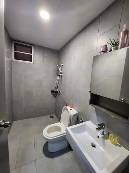 Bathroom features: grey ceramic tile flooring, grey tiled walls, single-sink vanity with wall-mounted cabinet, chrome basin mixer faucet, one-piece toilet, shower with handheld shower head, window for natural light, wall-mounted mirror, plant decoration, soap dispenser, toilet paper holder; style: modern.