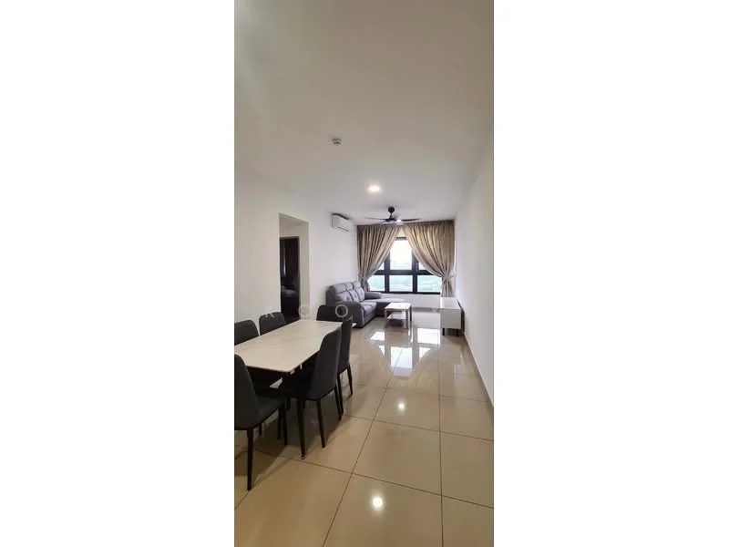 Living features: grey fabric sofa, 4-seater dining table, black dining chairs, floor-to-ceiling window, curtains, wall-mounted air conditioning unit, polished ceramic tile flooring, ceiling fan; style: modern; view: city.
