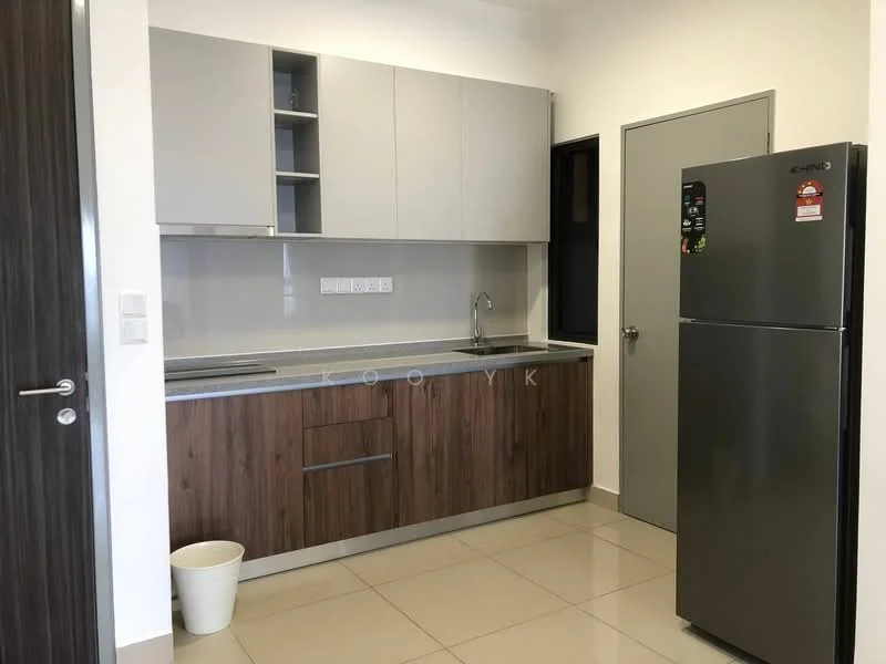 Kitchen features: grey upper cabinets, wooden lower cabinets, stainless-steel sink, chrome pull-down faucet, grey countertop, built-in stove, refrigerator, ceramic tile flooring, white walls, wall-mounted electrical outlets, under-cabinet lighting; style: modern.