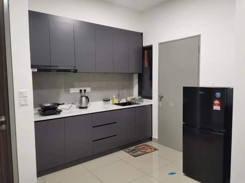 Kitchen features: dark grey cabinetry, white marble countertop, stainless-steel sink, chrome pull-down faucet, built-in oven, stainless-steel range hood, black fridge, ceramic tile flooring, grey tiled backsplash, kitchen mat, wall-mounted cabinets, open shelving; style: modern.