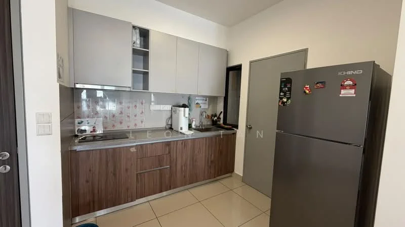 Kitchen features: grey upper cabinets, wooden lower cabinets, stainless-steel sink, chrome pull-down faucet, built-in stove, microwave, refrigerator, white tiled backsplash, ceramic tile flooring, wall-mounted cabinets, countertop with space for appliances, door leading to another room; style: modern.