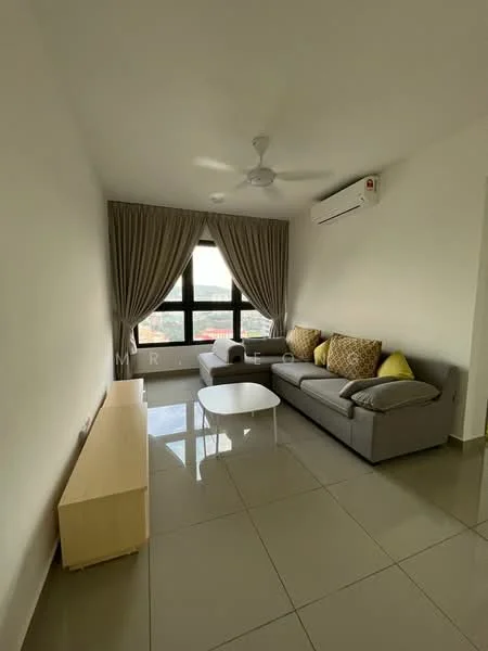 Living features: 3-seater fabric sofa in grey, decorative cushions in yellow and brown, white coffee table, TV console in light wood, floor-to-ceiling windows, sheer curtains, ceiling fan, wall-mounted split AC, glossy tile flooring, neutral painted walls; style: modern; view: city.