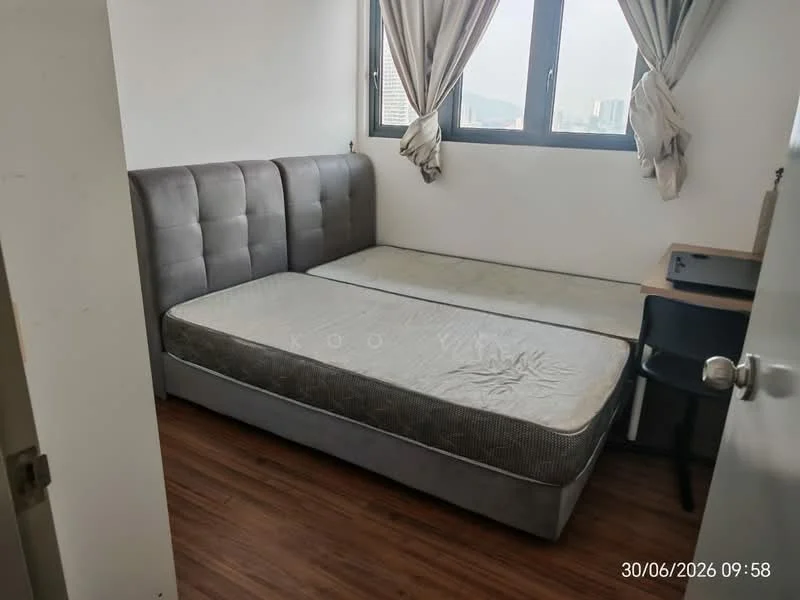 Bedroom features: queen-size bed frame without mattress, wooden flooring, white painted walls, floor-to-ceiling windows, curtains, study desk, black chair, wall-mounted light switch; style: modern; view: city.