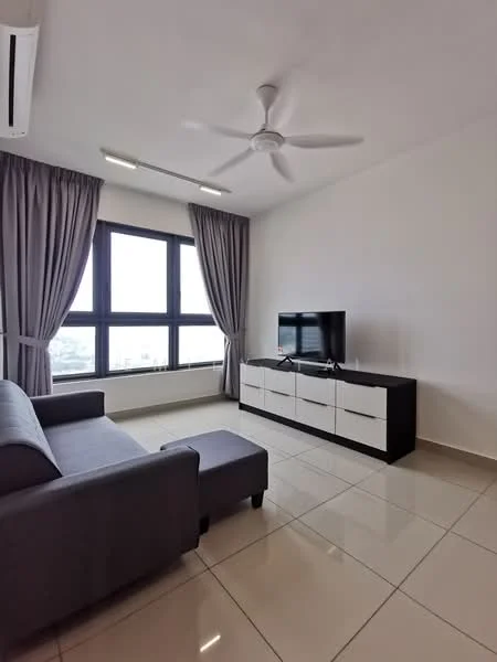 Living features: grey fabric sofa, ottoman, TV console with white drawers, wall-mounted TV, floor-to-ceiling windows, sheer curtains, recessed downlights, ceiling fan, glossy tile flooring, white painted walls; style: modern; view: city.