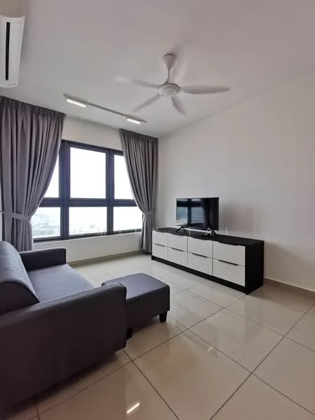 Living features: grey fabric sofa, ottoman, white TV console, wall-mounted TV, floor-to-ceiling windows, sheer curtains, recessed LED downlights, 5-blade ceiling fan, glossy tile flooring, white painted walls; style: modern; view: city.