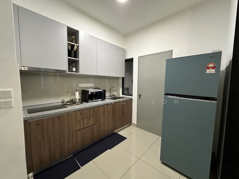 Kitchen features: grey upper cabinets, wood lower cabinets, granite countertop, single-bowl stainless-steel sink, chrome pull-down faucet, built-in microwave, freestanding fridge in teal, ceramic tile flooring, white painted walls, recessed downlights, grey door, black kitchen mat; style: modern.