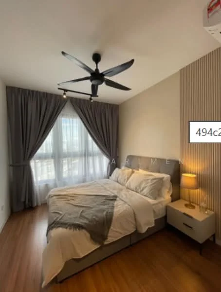 Bedroom features: king-size bed with grey upholstered headboard, white bedding with grey throw blanket, 2 bedside tables with lamps, floor-to-ceiling windows, grey curtains, wooden flooring, 5-blade ceiling fan with light, accent wall with vertical stripes; style: modern; view: city.
