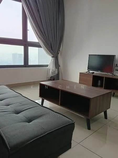 Living features: grey fabric sofa, wooden coffee table with open shelving, wall-mounted TV, large floor-to-ceiling window, curtains, glossy tile flooring, neutral wall color, minimalist decor; style: modern; view: city.