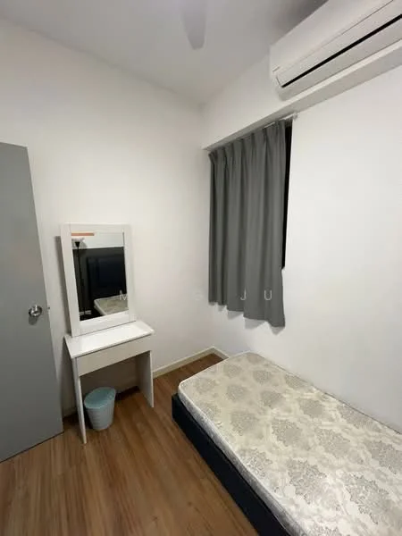 Bedroom features: single bed, mattress with patterned cover, wooden flooring, white painted walls, grey curtains, wall-mounted air conditioning unit, vanity table with mirror, small waste bin; style: minimalist.