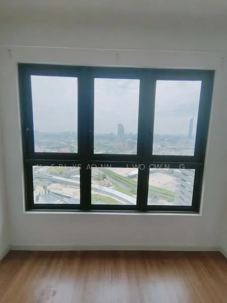 Room features: floor-to-ceiling windows, black window frames, city view, wooden flooring, white painted walls, natural light; style: modern; view: city.
