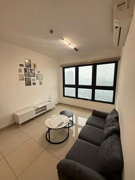 Living features: grey fabric sofa, round coffee table with marble top, white TV console, wall-mounted air conditioning unit, floor-to-ceiling windows, white painted walls, glossy tile flooring, decorative photo wall; style: modern; view: city.