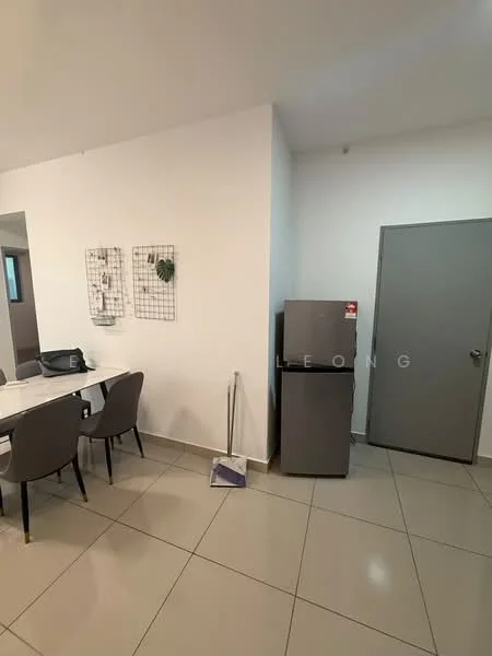 Dining features: white painted walls, grey floor tiles, dining table with 6 chairs, fridge, decorative wall grid with plants, door to another room, cleaning supplies, light fixture; style: modern.