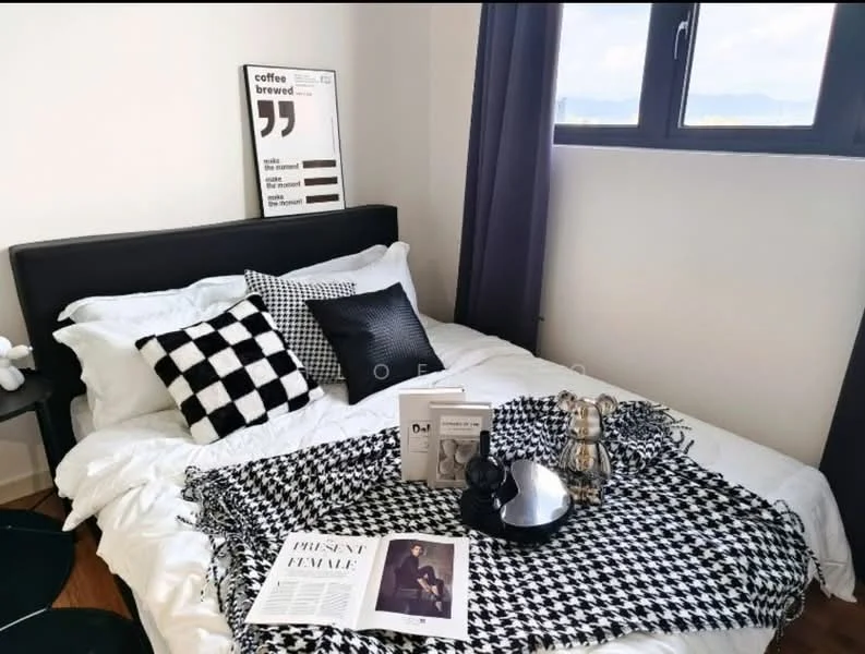 Bedroom features: queen-size bed with black headboard, white bedding with black and white checkered throw blanket, black and white decorative pillows, wooden flooring, floor-to-ceiling window, grey curtains, framed artwork on wall, decorative items on bed including books and a teapot; style: modern; view: mountain.