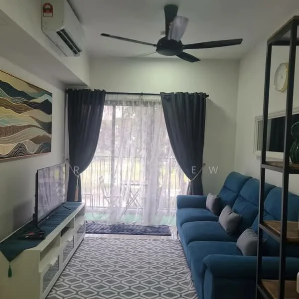 Living features: blue fabric sofa, coffee table, wall-mounted TV, TV console, area rug with geometric pattern, 5-blade ceiling fan with light, floor-to-ceiling windows, sheer curtains, blackout curtains, decorative wall art, open shelving unit; style: modern; view: garden.