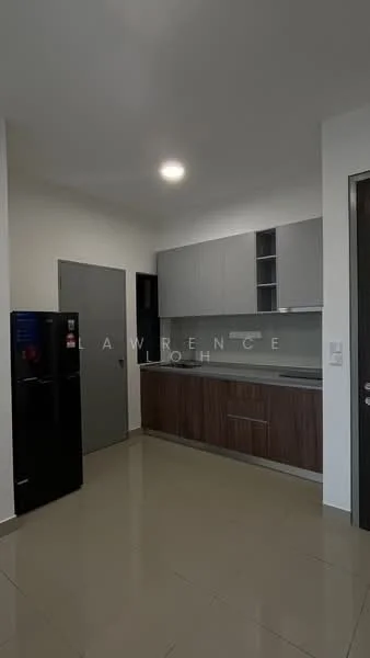 Kitchen features: grey upper cabinets, brown lower cabinets, stainless-steel fridge, single-bowl stainless-steel sink, chrome pull-down faucet, grey countertop, ceramic tile flooring, recessed downlights, wall-mounted cabinet, open shelving; style: modern.