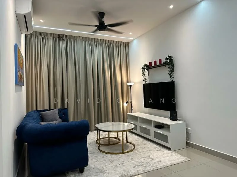 Living features: blue fabric sofa, round coffee table with gold base, white TV console, wall-mounted TV, floor lamp, decorative wall plants, curtains in beige, ceiling fan with light, grey area rug, wall art, recessed lighting; style: modern.
