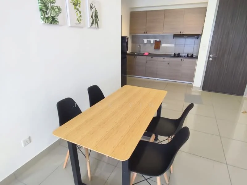 Dining features: wooden dining table, 4 black dining chairs, white walls, grey tiled flooring, framed artwork on wall, open layout to kitchen, kitchen cabinetry visible, kitchen appliances visible; style: modern.