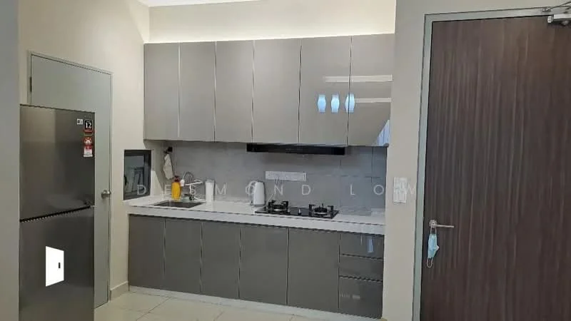 Kitchen features: grey high-gloss cabinetry, white countertop, built-in gas hob, built-in range hood, stainless-steel fridge, single-bowl stainless-steel sink, chrome pull-down faucet, tile backsplash, wall-mounted microwave, under-cabinet lighting, ceramic tile flooring, recessed lighting; style: modern.