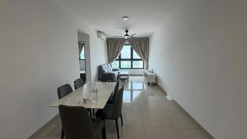 Living features: white painted walls, glossy ceramic tile flooring, 5-blade ceiling fan with light, floor-to-ceiling windows, curtains, sofa in light grey, coffee table, TV console, dining table with 6 chairs, water bottle on table; style: modern; view: city.