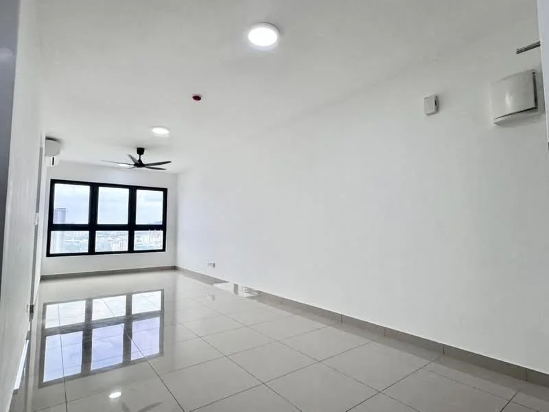Living features: white painted walls, glossy ceramic tile flooring, 5-blade ceiling fan with light, floor-to-ceiling windows, city view, recessed downlights, air conditioning unit, smoke detector; style: modern; view: city.
