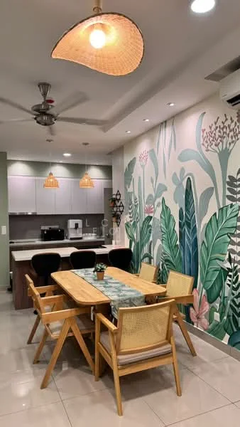 Dining features: wooden dining table, 4 wooden chairs with rattan backrest, pendant light with woven shade, ceiling fan, green accent wall, floral wallpaper, ceramic tile flooring, built-in cabinetry, kitchen appliances visible in background; style: modern.