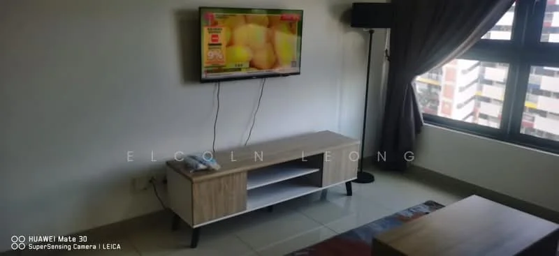 Living features: floor-to-ceiling windows, light grey walls, white ceiling, ceramic tile flooring, wooden TV console, wall-mounted TV, curtains, decorative floor lamp, coffee table; style: modern; view: city.