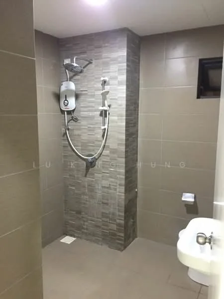 Bathroom features: walk-in shower with glass enclosure, rain shower head, handheld shower, chrome basin mixer, toilet, tile cladding on walls, grey ceramic tile flooring, built-in shower shelf, exhaust fan, small window for ventilation; style: modern.