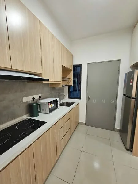 Kitchen features: light wood cabinetry, white countertop, built-in induction cooktop, built-in oven, microwave, stainless-steel fridge, grey tiled backsplash, grey floor tiles, single-bowl stainless-steel sink, chrome pull-down faucet, wall-mounted cabinets, open shelving, window with black frame, door to hallway; style: modern.