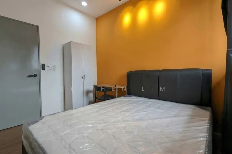 Bedroom features: orange accent wall, white painted walls, wood laminate flooring, queen-size bed with mattress, upholstered headboard in black, nightstand, built-in wardrobe, recessed lighting, desk, chair; style: modern.